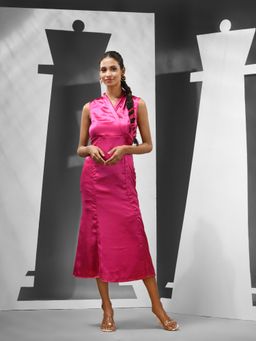 CHARUKRITI - Fuchsia Magenta Satin Solid Bodycon Stitched Dress