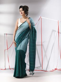 CHARUKRITI - Teal Cotton Stripes Pattern Sequined Work Saree with Unstitched Blouse