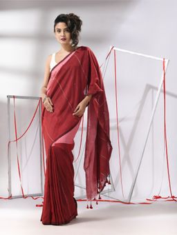 CHARUKRITI - Red Cotton Stripes Pattern Sequined Work Saree with Unstitched Blouse