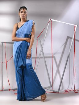 CHARUKRITI - Peacock Blue Cotton Stripes Pattern Sequined Work Saree with Unstitched Blouse