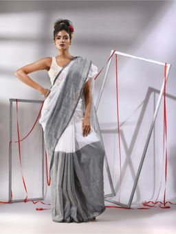 CHARUKRITI - White Cotton Stripes Pattern Sequined Work Saree with Unstitched Blouse