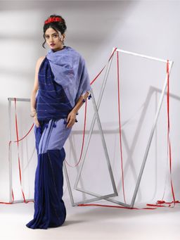 CHARUKRITI - Blue Cotton Stripes Pattern Sequined Work Saree with Unstitched Blouse