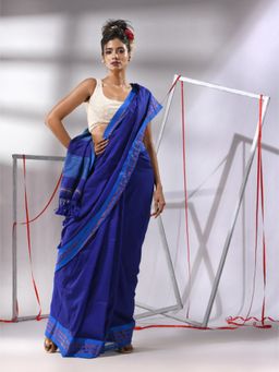 CHARUKRITI - Blue Cotton Stripes Pallu Saree with Unstitched Blouse