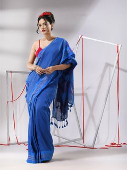 CHARUKRITI - Sapphire Blue Cotton Zari Stripes Pallu Saree with Unstitched Blouse