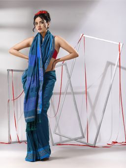 CHARUKRITI - Peacock Blue Cotton Zari Stripes Pallu Saree with Unstitched Blouse