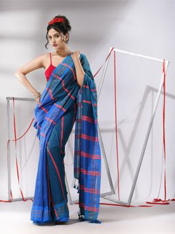 CHARUKRITI - Teal Blue Cotton Patli Pallu Stripe Designs Saree with Unstitched Blouse
