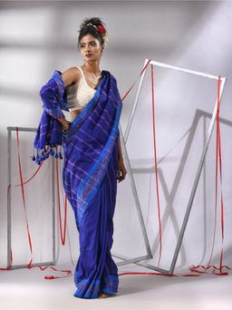 CHARUKRITI - Navy Blue Cotton Stripes Design Saree with Unstitched Blouse