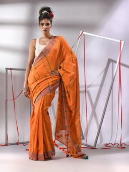 CHARUKRITI - Orange Cotton Stripes Border Saree with Unstitched Blouse
