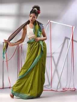 CHARUKRITI - Lime Green Cotton Zari Stripes Saree with Unstitched Blouse