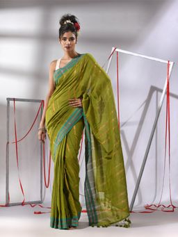 CHARUKRITI - Moss Green Cotton Zari Stripes Saree with Unstitched Blouse