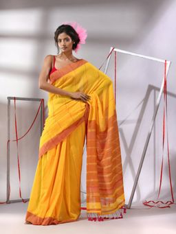 CHARUKRITI - Munsell Yellow Cotton Zari Stripes Pallu Saree with Unstitched Blouse
