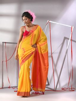 CHARUKRITI - Yellow Cotton Texture Stripe Designs Saree with Unstitched Blouse