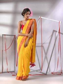 CHARUKRITI - Yellow Cotton Solid Border Saree with Unstitched Blouse