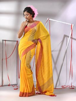 CHARUKRITI - Yellow Cotton Stripe Designs Saree with Unstitched Blouse