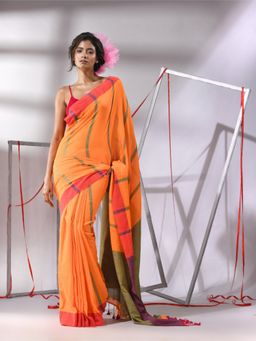 CHARUKRITI - Orange Cotton Stripes Designs Saree with Unstitched Blouse