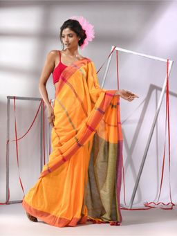 CHARUKRITI - Yellow Cotton Stripes Designs Saree with Unstitched Blouse