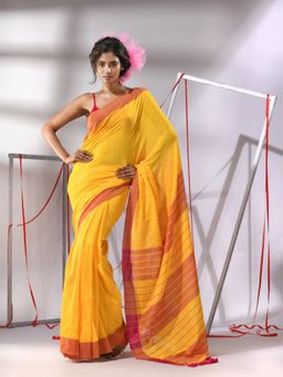 CHARUKRITI - Yellow Cotton Sequined Stripes Design Saree with Unstitched Blouse