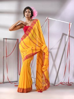 CHARUKRITI - Yellow Cotton Stripes Design Saree with Unstitched Blouse