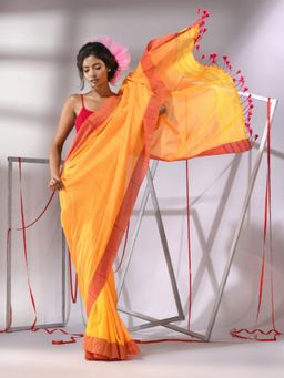 CHARUKRITI - Yellow Cotton Zari Stripes Design Saree with Unstitched Blouse