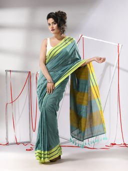 CHARUKRITI - Teal Cotton Stripe Border Saree with Unstitched Blouse