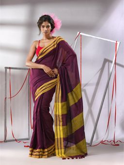 CHARUKRITI - Wine Cotton Stripe Border Saree with Unstitched Blouse