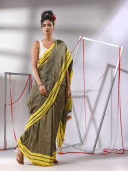 CHARUKRITI - Green Cotton Stripe Border Saree with Unstitched Blouse
