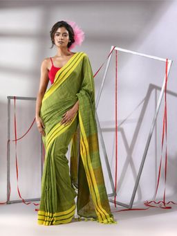 CHARUKRITI - Green Cotton Stripe Border Saree with Unstitched Blouse