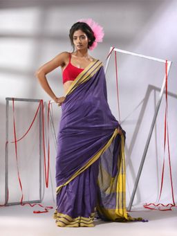 CHARUKRITI - Purple Cotton Stripe Border Saree with Unstitched Blouse