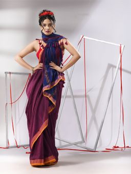 CHARUKRITI - Wine Cotton Stripes Zari Pallu Saree with Unstitched Blouse