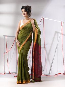 CHARUKRITI - Moss Green Cotton Stripes Zari Pallu Saree with Unstitched Blouse