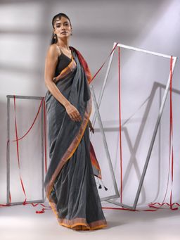 CHARUKRITI - Grey Cotton Stripes Zari Pallu Saree with Unstitched Blouse