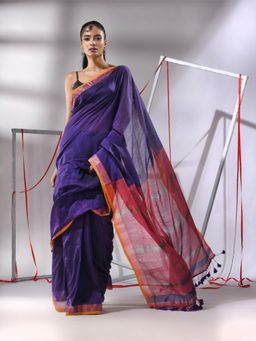 CHARUKRITI - Blue Cotton Stripes Zari Pallu Saree with Unstitched Blouse