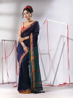 CHARUKRITI - Navy Blue Cotton Stripes Zari Pallu Saree with Unstitched Blouse