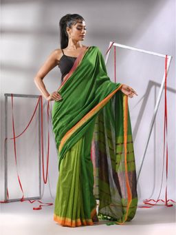CHARUKRITI - Green Patli Pallu Cotton Stripes Zari Borders Saree with Unstitched Blouse