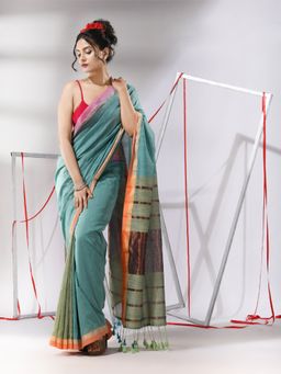 CHARUKRITI - Ice Blue Patli Pallu Cotton Stripes Zari Borders Saree with Unstitched Blouse