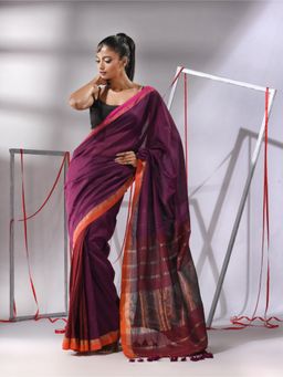 CHARUKRITI - Magenta Patli Pallu Cotton Stripes Zari Borders Saree with Unstitched Blouse