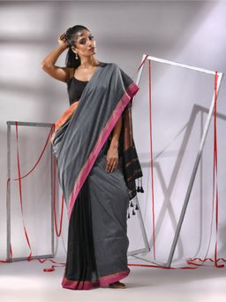 CHARUKRITI - Grey Patli Pallu Cotton Stripes Zari Borders Saree with Unstitched Blouse