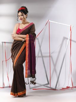 CHARUKRITI - Brown Cotton Sequined Work Saree with Unstitched Blouse