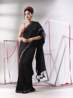 CHARUKRITI - Black Cotton Sequined Pallu Saree with Unstitched Blouse