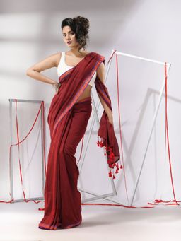 CHARUKRITI - Red Cotton Sequined Pallu Saree with Unstitched Blouse