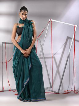 CHARUKRITI - Teal Cotton Sequined Pallu Saree with Unstitched Blouse