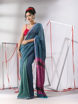 CHARUKRITI - Teal Cotton Sequined Work Saree with Unstitched Blouse