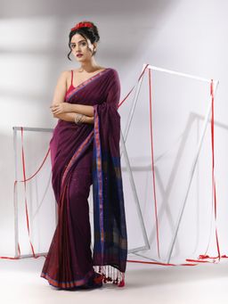 CHARUKRITI - Wine Cotton Sequined Work Saree with Unstitched Blouse