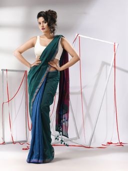 CHARUKRITI - Teal Cotton Sequined Work Saree with Unstitched Blouse
