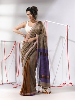 CHARUKRITI - Brown Sequined Work Zari Stripe Pallu Saree with Unstitched Blouse