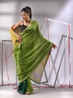 CHARUKRITI - Green Cotton Sequined Work Saree with Unstitched Blouse