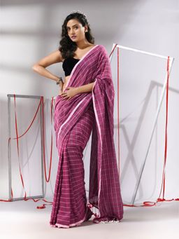 CHARUKRITI - Magenta Cotton Check Designs Saree with Unstitched Blouse