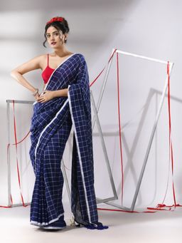 CHARUKRITI - Blue Cotton Check Designs Saree with Unstitched Blouse