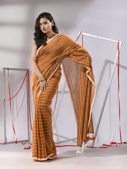 CHARUKRITI - Goldenrod Mustard Cotton Check Designs Saree with Unstitched Blouse