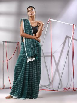 CHARUKRITI - Teal Green Cotton Check Designs Saree with Unstitched Blouse
